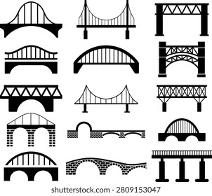 A set of varied bridge types depicted as simple black outlines on a clean white surface ideal for graphic design projects and conceptual illustrations.