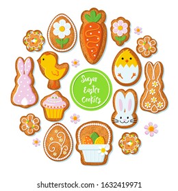 
Set of varied Easter gingerbread cookies. Rabbit, carrot, eggs, chicken, basket and flowers with different pattern icing. Vector illustration.