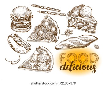 Set of varied food. Burger, pieces of pizza, pastries, hot dog. Design elements collection. Vector ink hand drawn illustration with calligraphy style lettering. Menu template.