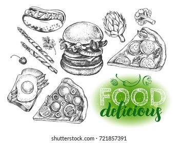Set of varied food. Burger, pieces of pizza, toast with egg, hot dog. Design elements collection. Vector ink hand drawn illustration with calligraphy style lettering. Menu template.