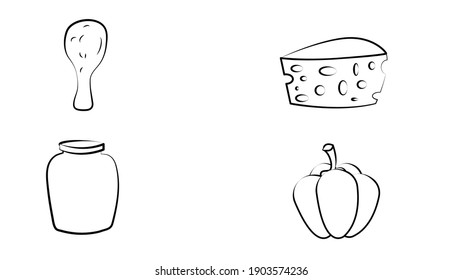 Set of varied food items on white background