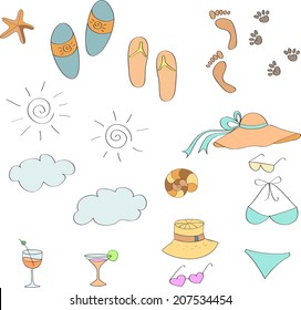 A set of varied from hand to draw colored items for summer holidays