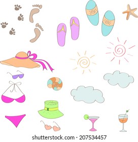 A set of varied from hand to draw colored items for summer holidays