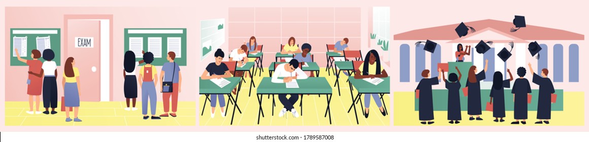 A Set Of Varied And Interesting Student Life. Students Look At The Exam Results. Testing Is Underway In The Classroom. At Graduation, Caps Fly Into The Sky. Flat Vector Illustration.