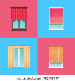 Set of varied interior items vector illustration of colorful windows patterns, bright orange and red blinds isolated on blue and pink backgrounds