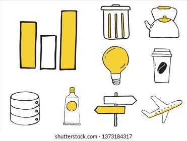 Set of varied items doodle icons with yellow color. Vector illustration