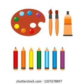 Set of varied items for drawing - pencils,  brushes, paints and palette. Vector illustration
