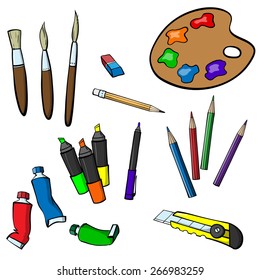 Set of varied items for drawing - pencils, eraser, stationery knife, markers, brushes, paints and palette