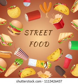 A set of varied street food and fast food on a brown background. Graphic design elements for menu, poster, brochure. Vector illustration of fast food for bistro, snackbar, cafe or restaurant