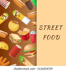 A set of varied street food and fast food on a brown background. Graphic design elements for menu, poster, brochure. Vector illustration of fast food for bistro, snackbar, cafe or restaurant