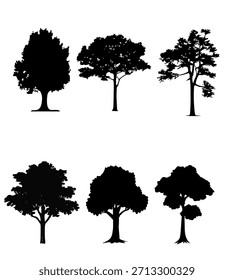 Set of varied tree silhouettes in black vector style. Ideal for landscape design, nature illustrations, environmental graphics, eco branding, and outdoor themes.