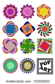 Set of variegated design shapes in pop art style. Cheerful circle or square shapes in vivid colors. Simple geometric elements. Vector EPS 10