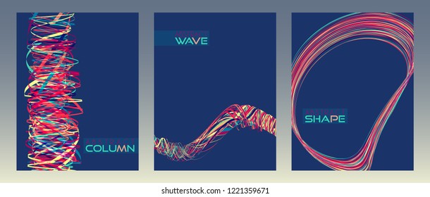 Set of variegated templates of abstract covers or posters with column, wave and rounded shape. Vertical vector graphic layouts