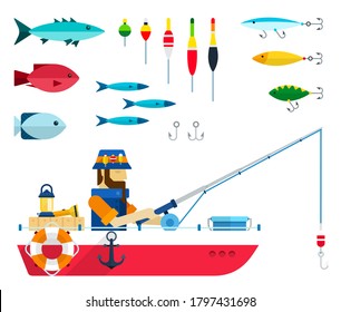 Set of varieties of fish, floats, hooks and fisherman with fishing rod in a boat vector illustration