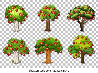Set of variety apple trees on transparent background illustration