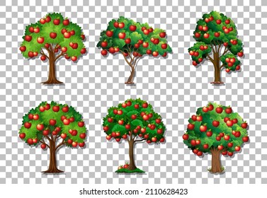 Conjunto de árboles de manzanas variados en ilustración de fondo transparente