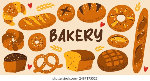 Set of a variety bakery products. Whole grain bread, bagel, buns, french baguette, croissant, rye bread, pretzel etc. Flat vector illustration.