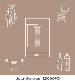 Set of variety bathroom elements: shower, towels hanging on different holders, mirror. Design for poster or print.