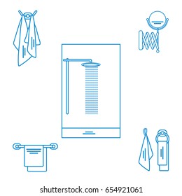 Set of variety bathroom elements: shower, towels hanging on different holders, mirror. Design for poster or print.