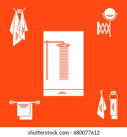 Set of variety bathroom elements: shower, towels hanging on different holders, mirror. Design for poster or print.