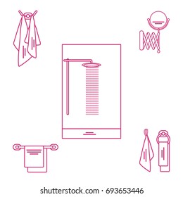 Set of variety bathroom elements: shower, towels hanging on different holders, mirror. Design for poster or print.