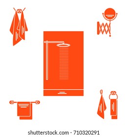 Set of variety bathroom elements: shower, towels hanging on different holders, mirror. Design for poster or print.