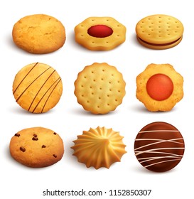 Set of variety cookies baked from wheat flour isolated on white background in realistic style  vector illustration