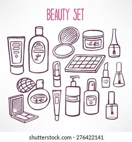 set with a variety of cosmetics and products for body care. hand-drawn illustration