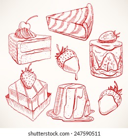 set with a variety of cute appetizing sketch desserts. Hand-drawn illustration