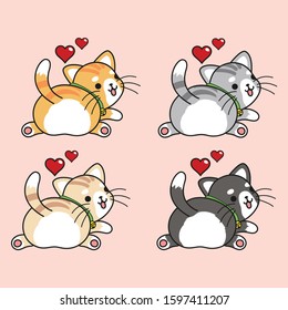 Set of variety cute kawaii cat. Cute cat turn back with lovely red heart.