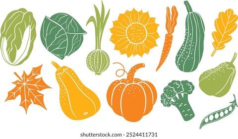 Situado com variedade de diferentes vegetais da estação do outono, feira de colheita ou mercado local. Ilustrações isoladas de vetor desenhadas à mão em estilo de silhueta linocut