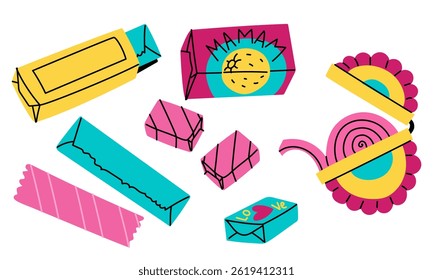 set variety of different chewing gums. Stripes, cubes, spiral. Lots of details. Bright flat color illustration in the form of doodles. Highlighted on white background. Chewing gum from the 90s, 2000s