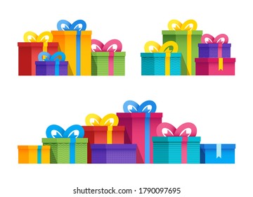 Set variety group gift boxes with ribbons and bows. Vector flat illustration. Colorful wrapped. Colorful wrapped gift boxes isolated on white background. Collection for Birthday, Christmas.