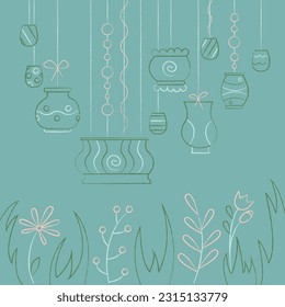 Está rodeado de una gran variedad de macetas colgantes, césped y flores. Ilustración vectorial de color Doodle.
