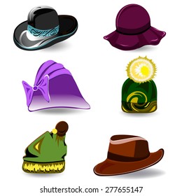 Set a variety of hats for women and men. Colorful cartoon style. Vector illustration