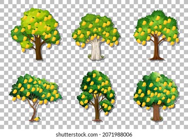 Set of variety mango trees on transparent background illustration