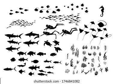 Set of  variety of marine life silhouette  vector