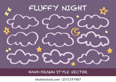 Set of variety outline drawing crayon cloudy fluffy night. Hand drawn doodle style pencil cloud with stars and moon pattern. Various pastel colored line chalk clouds squiggles in kid's style vector.