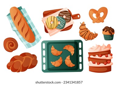 Variedad de bollería de la masa. Pan casero, croissants, pretzel, tarta, baguette, bizcocho, donuts pastelería. Hornear, panadería, cocinar, productos dulces y postre. Vector