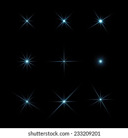 Set of variety shiny stars. Isolated on black background. Vector illustration, eps 10.