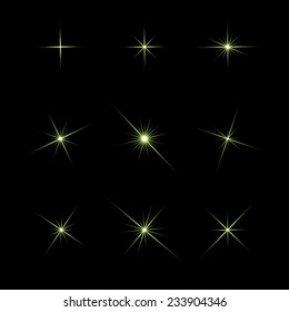 Set of variety shiny stars. Isolated on black background. Vector illustration, eps 10