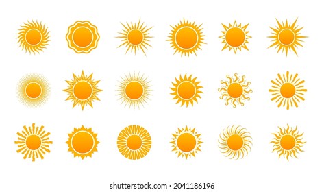 Set of variety of sun icons. Summer, sunlight, nature, sky.