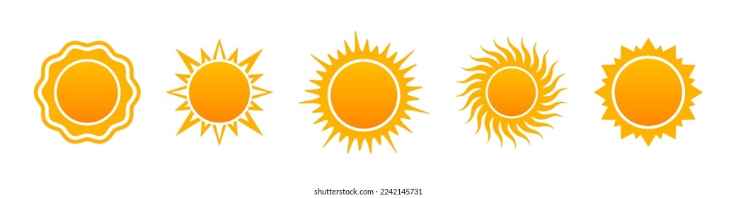 Set of variety of sun icons. Summer, sunlight, nature, sky.