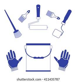 Set a variety of tools and accessories for painting on a white background