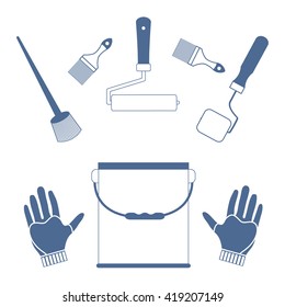 Set a variety of tools and accessories for painting on a white background