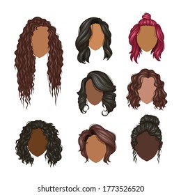 Premium Vector  Women hairstyle. model beauty curly glamorous long hairs  colored type vector realistic set. hairstyle female haircut, beauty wig  long hair illustration