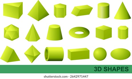 A set of various 3D geometric shapes in bright green, showcasing diverse forms and perspectives with a clean, modern style