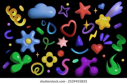 Conjunto de varias Formas de plástico 3D. Iconos con nubes, corazón, estrella, flores, formas abstractas y Formas geométricas en estilo plastilina. Colección de Ilustración vectorial realista aislada sobre fondo negro