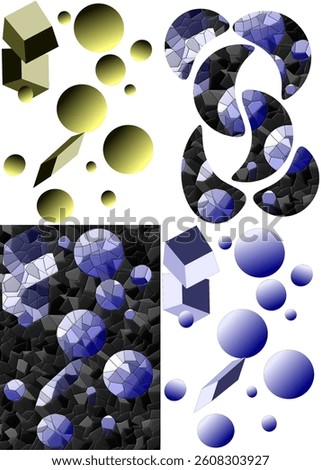 A set of various 3d shapes and modern mosaic pattern, a very simple and amateur vector file. 6 April 2025. Malang City, East Java, Indonesia.