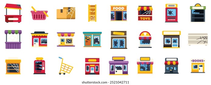 Set of various abandoned city buildings icons in flat style, including shops, stores, stalls, booths and other constructions with broken windows, closed and covered by cobwebs